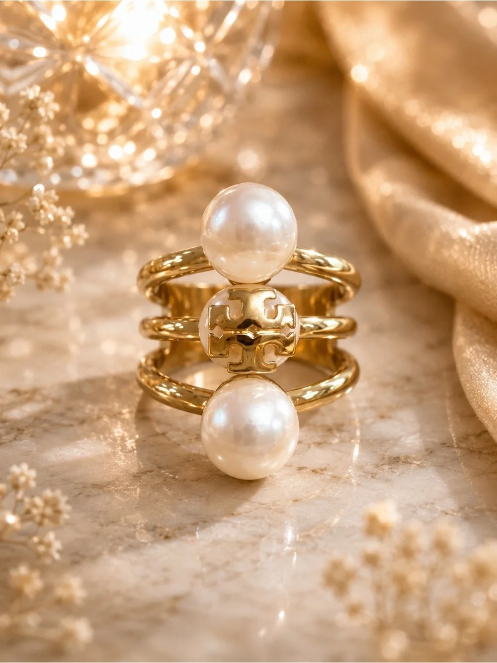 Tory Burch Gold Triple-Band Ring with Pearls